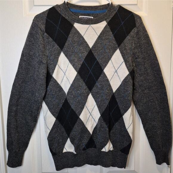 Club Room Grey, White, Black Argyle Sweater Men's Small Wool Blend Pullover - Picture 1 of 8